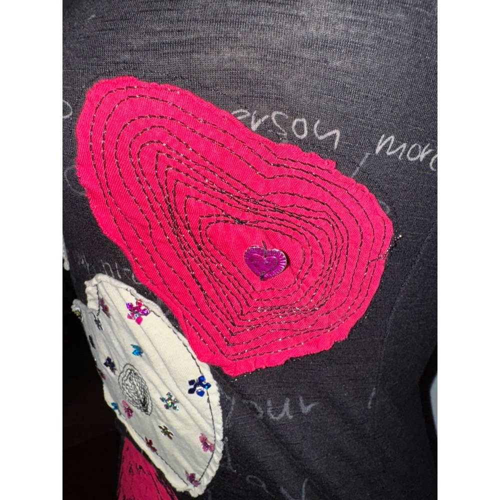 Desigual patchwork heart embroidered rhinestone tie back shirt sleeve black top - Picture 4 of 9
